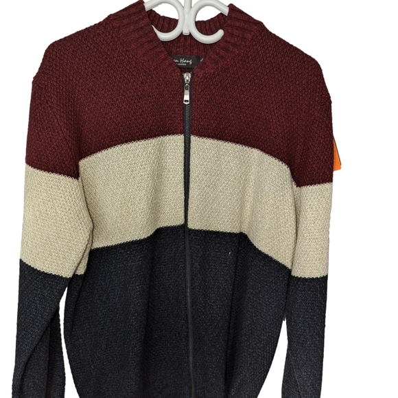 Fan Hang sweater vest zipper front color block, burgundy,cream and blue. - Picture 1 of 5